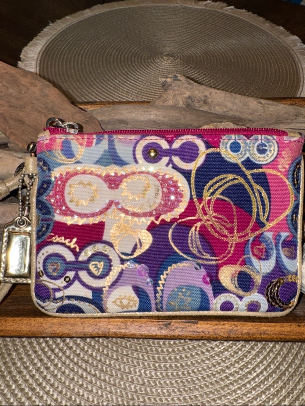 Coach Multicolor Patterned Wristlet Pouch - Pink, Purple & Gold